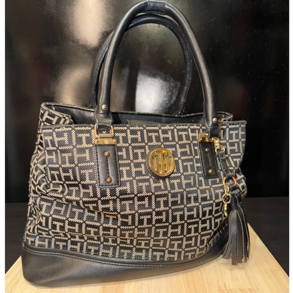 Tommy Hilfiger Handbags - Tommy Hilfiger‎ Tote Bag Black White Monogram Canvas Leather Straps